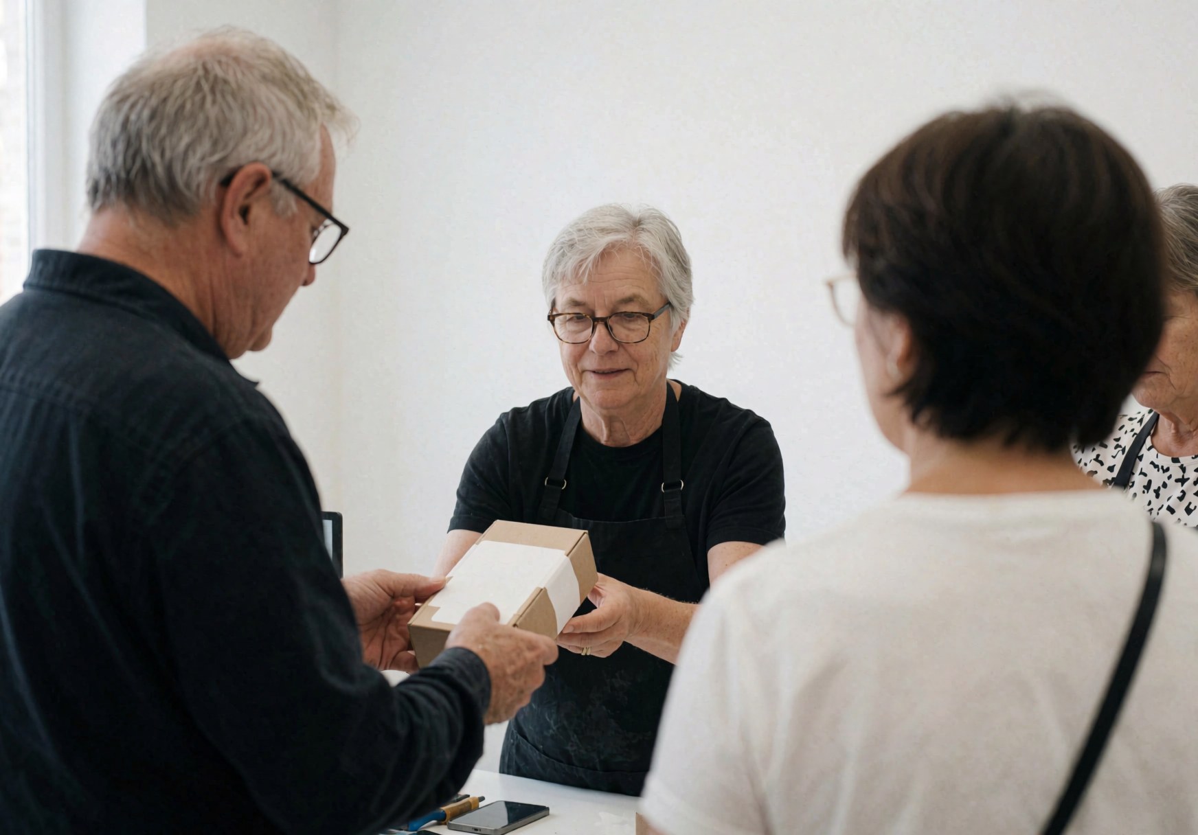 A person receives a product on a worktable in a modern studio with white walls and natural light.