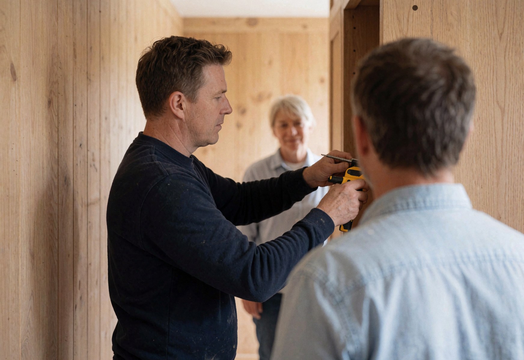 A carpenter installs a built-in cabinet in a hallway with wooden walls while a client observes the work.