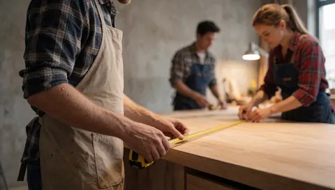 Carpenter measuring a wooden table with an apron in a workshop featuring concrete walls, tools, and warm lighting.