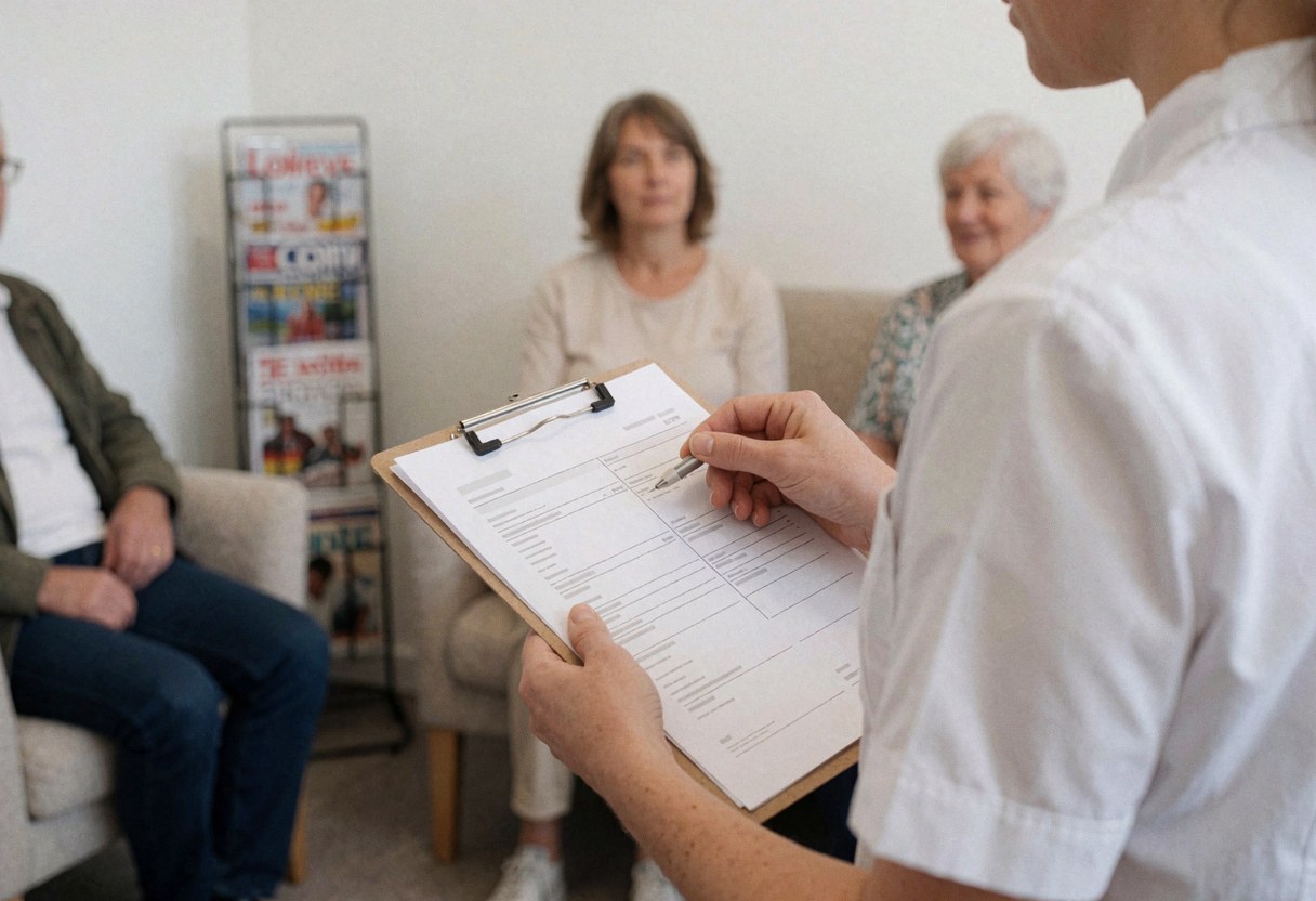 A therapist in a white uniform checks a document while seated in a waiting area with chairs and magazines.