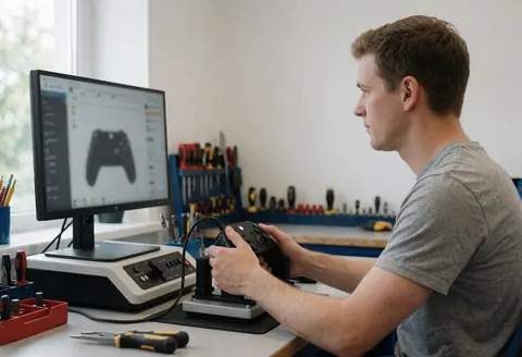 A technician uses tools to calibrate a video game controller on a testing station in a bright workshop.