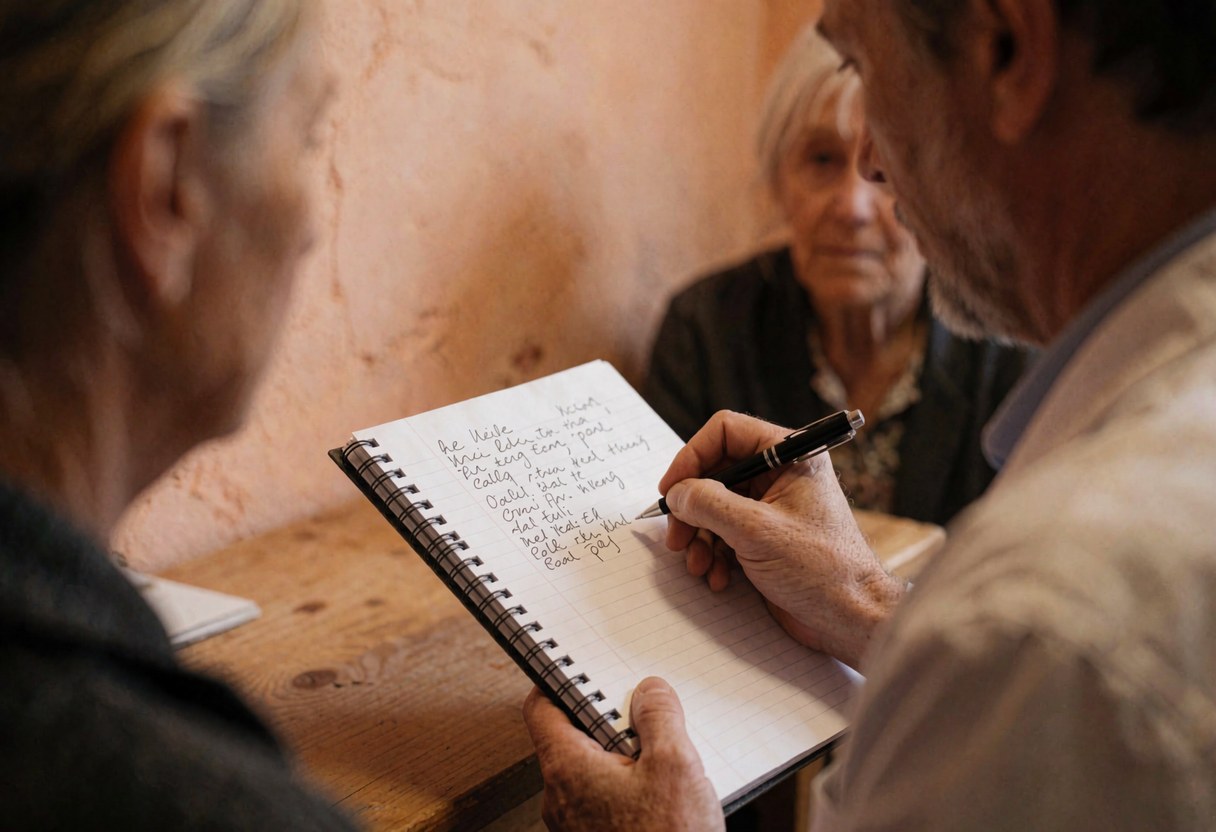 A professional writes in a notebook while a client stands in the background near a terracotta wall and wooden table.