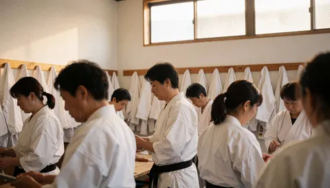 Group of karate students training in a dojo with white kimonos hanging and natural light from windows showing the practice environment