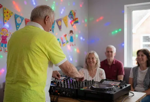 A senior DJ operates a sound mixing console while illuminated by vibrant colored lights at an indoor event.