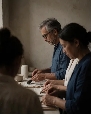 Three people working on ceramics in a workshop with neutral walls, tools and white cloth on the table.
