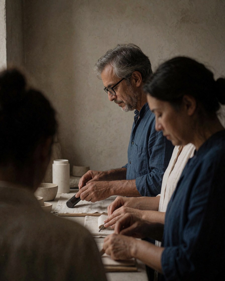 Three people working on ceramics in a workshop with neutral walls, tools and white cloth on the table.