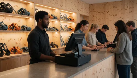 Cashier helping clients near shelves with helmets and light wood walls in a climbing shop.