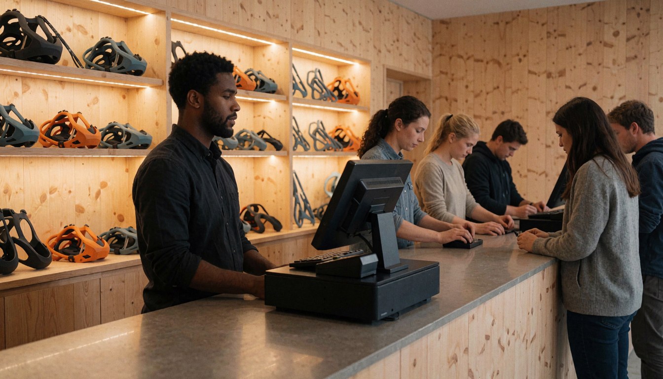 Cashier helping clients near shelves with helmets and light wood walls in a climbing shop.