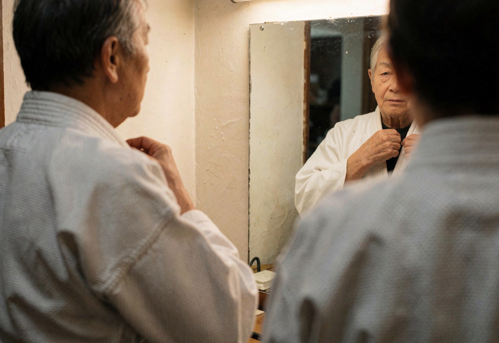 Person adjusting the collar of a white karate gi while looking into a mirror inside a dojo with warm white walls.