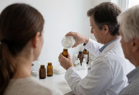 A homeopath in a white coat looks at white globules in an amber glass bottle while clients observe in a clinical setting with a white table.