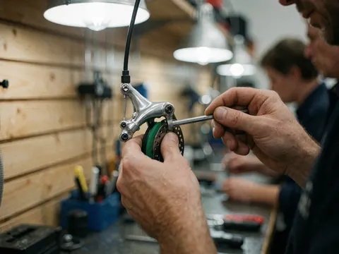 A mechanic adjusts a bicycle disc brake using tools under work lights in a repair shop setting.