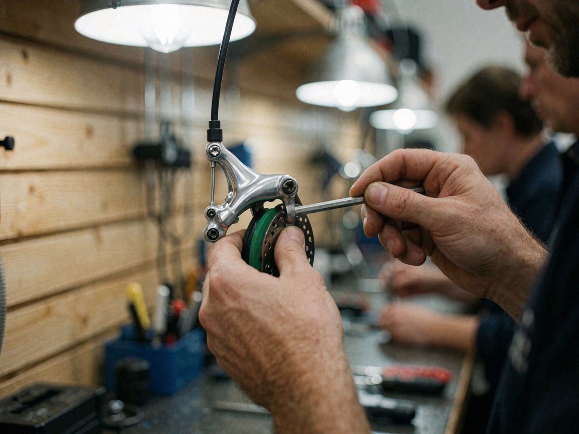 A mechanic adjusts a bicycle disc brake using tools under work lights in a repair shop setting.