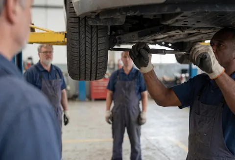 Mechanic wearing gloves adjusts a suspension tube under a car in an industrial workshop while other mechanics observe the work.
