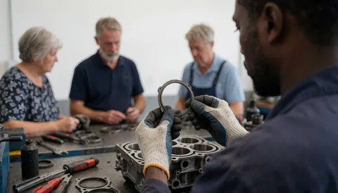 Close-up view of a mechanic's gloved hand holding a piston ring against an engine cylinder block in a workshop setting.