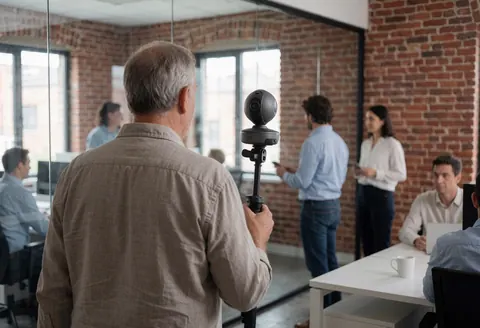 Professional photographer holding a camera on a monopod inside a modern office with exposed brick walls and colleagues working in the background.