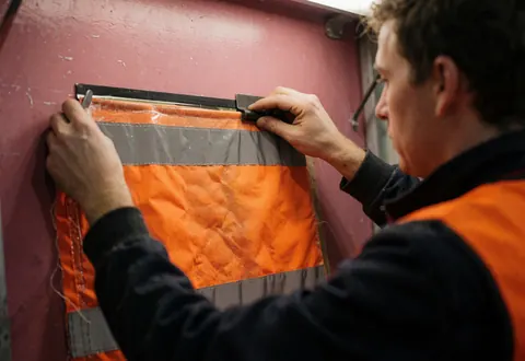 A technician applies orange reflective fabric with silver stripes to a pink wall during textile printing work.