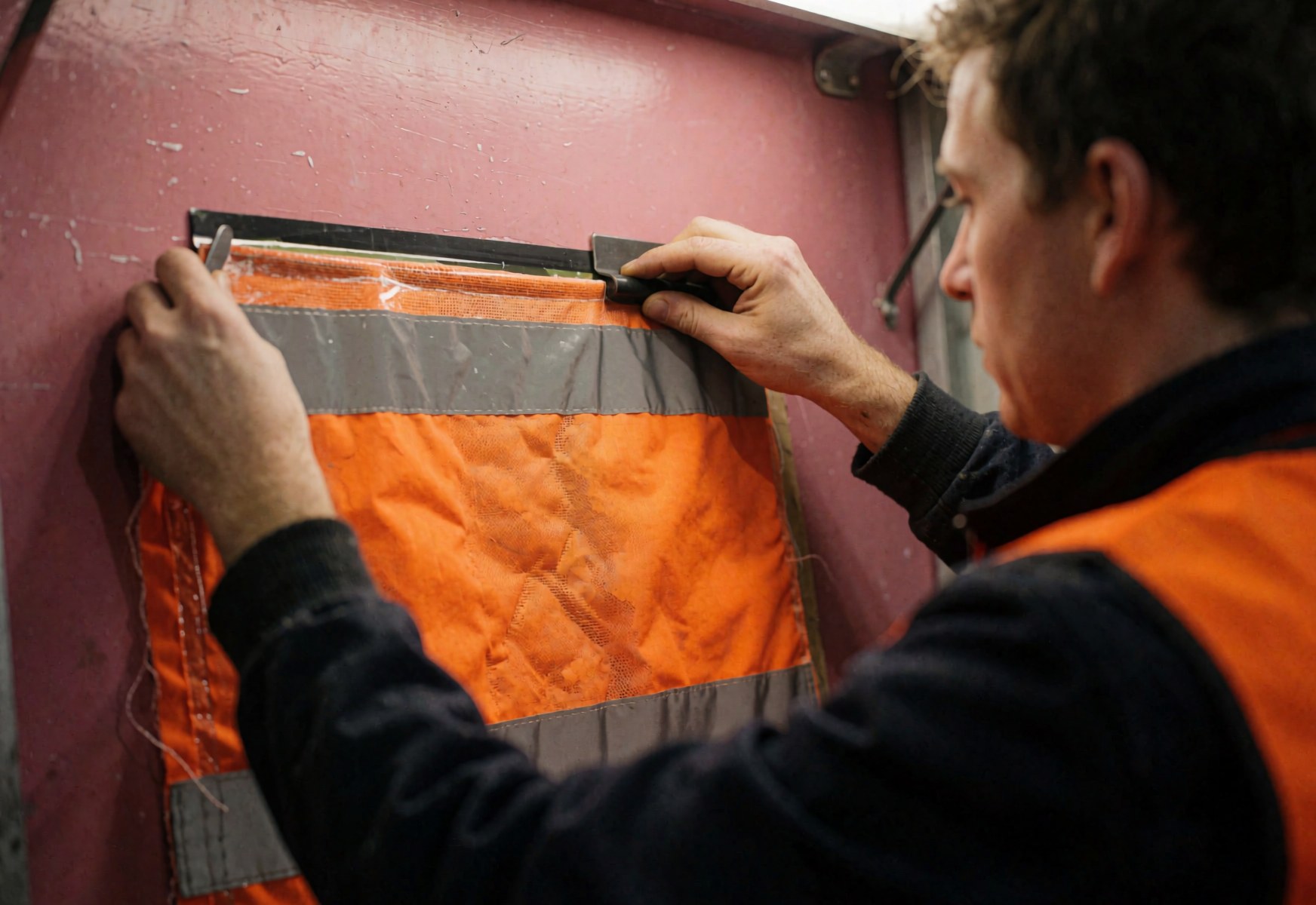 A technician applies orange reflective fabric with silver stripes to a pink wall during textile printing work.
