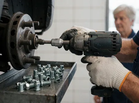 Close-up of gloved hands using an impact tool to remove lug nuts from a vehicle wheel in a tiled auto repair shop.