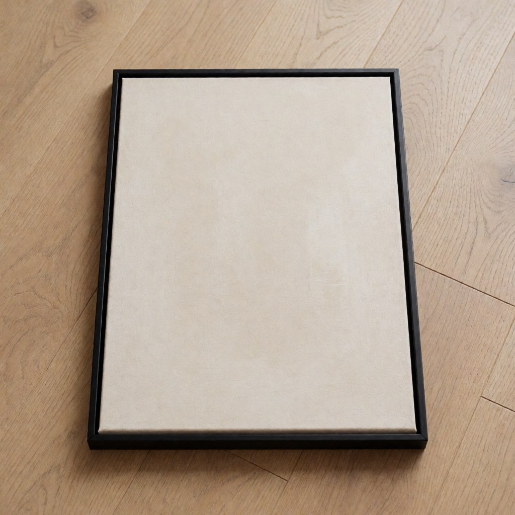 Thin black frame containing abstract artwork placed on a light wooden floor, ready for shipping to an online store.