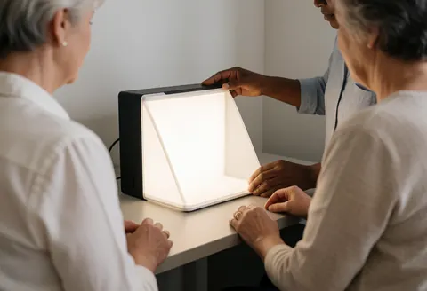 Hands adjust a lightbox on a desk in an online store setting with soft lighting and organized space.