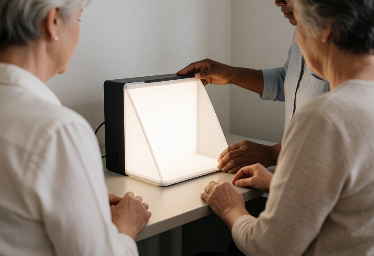 Hands adjust a lightbox on a desk in an online store setting with soft lighting and organized space.