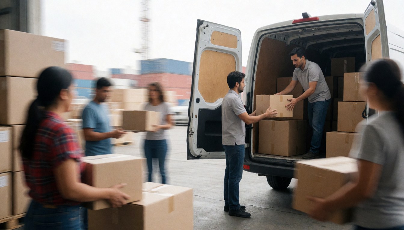 Workers loading cardboard boxes onto a delivery truck in a warehouse with containers in the background for an online store.