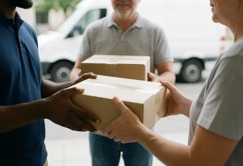 A delivery person hands boxes to a client at their front door with a truck in the background.