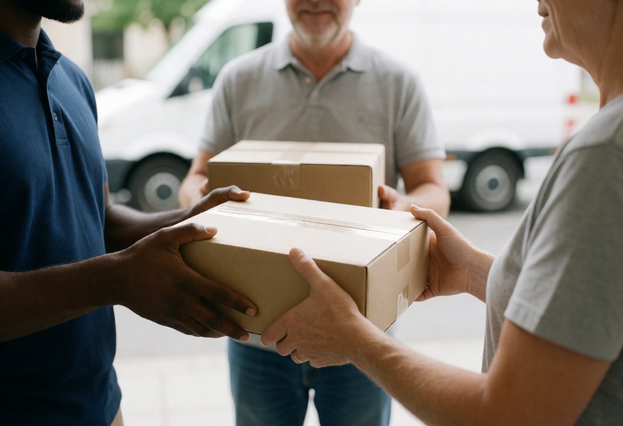 A delivery person hands boxes to a client at their front door with a truck in the background.