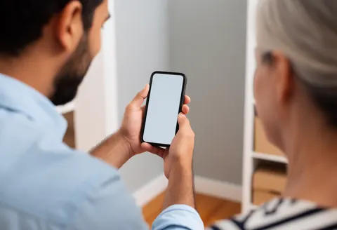 A man in an office displays a smartphone to a client against a gray wall with warm lighting and visible hands.