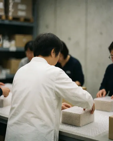 Back view of person packing a box with bubble wrap at a warehouse table.
