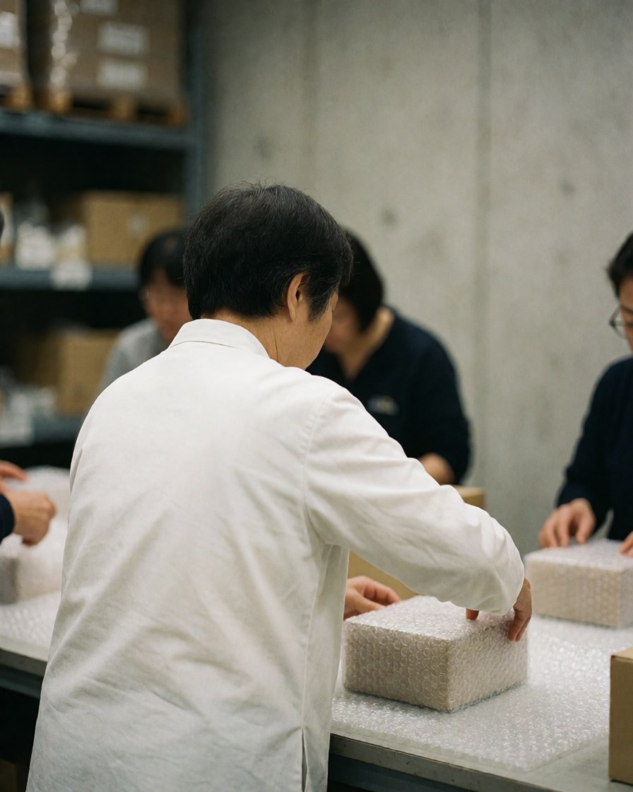 Back view of person packing a box with bubble wrap at a warehouse table.