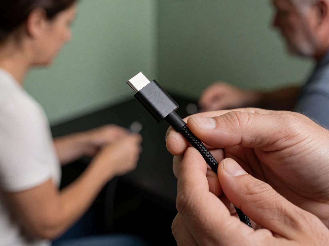 Close-up of a braided black usb-c cable held in a hand against a green wall background for an online store product detail.