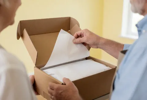 Close-up of a hand pulling apart white crumpled paper inside an open cardboard shipping box against a light cream wall background.