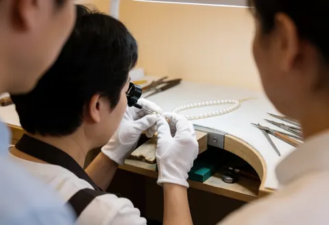 A jeweler wearing white gloves inspects a pearl necklace using a magnifying glass at a workbench surrounded by jewelry tools.