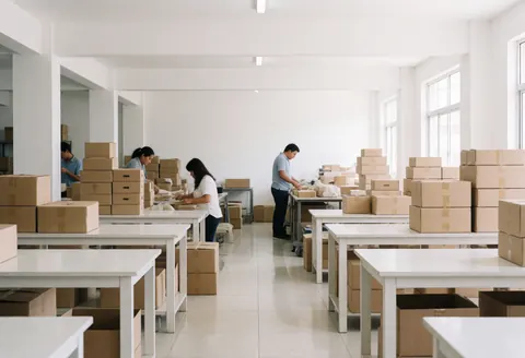 Workers packing boxes for an online store on white tables under natural light in a clean workspace