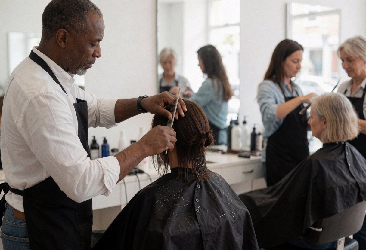 A hairdresser cuts a client's hair while seated in a salon chair, using scissors and a comb with mirrors and products visible in the background.