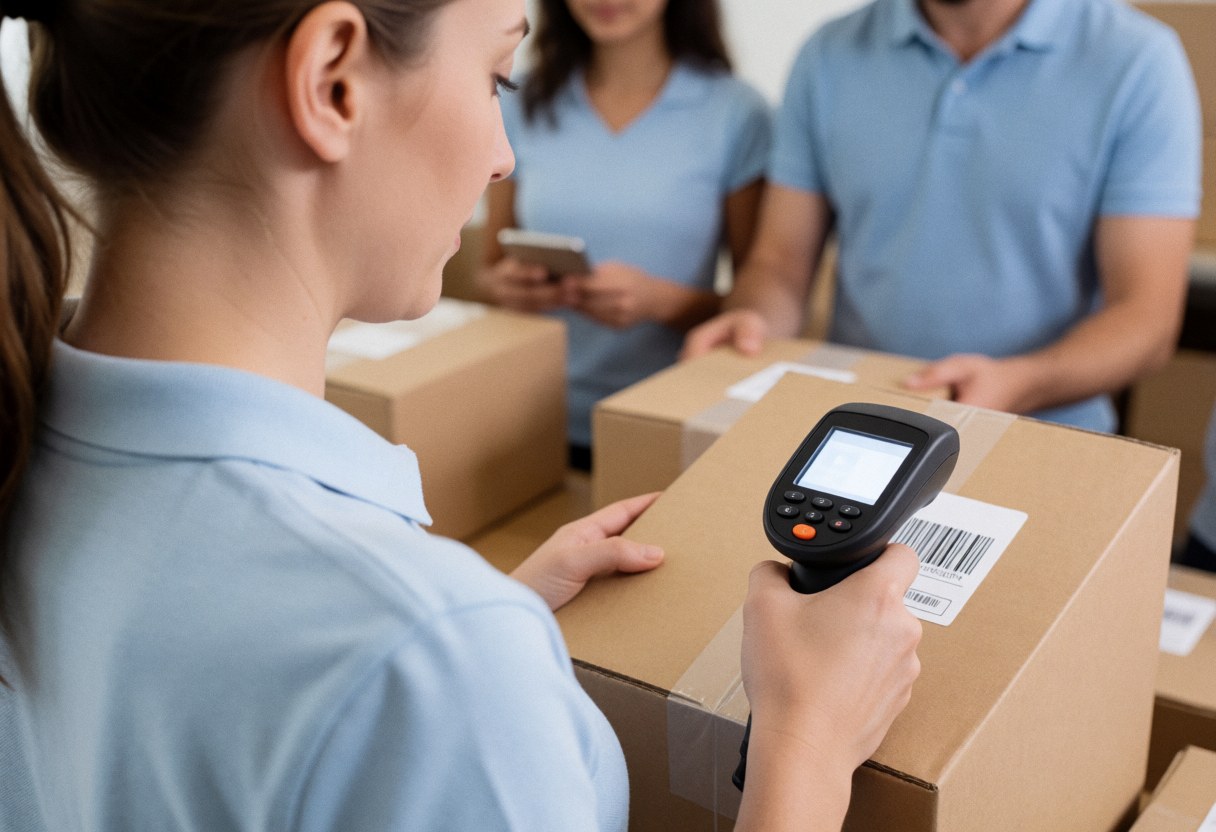 A woman scans a cardboard shipping box in an online store setting with scanning equipment and boxes visible in the background.