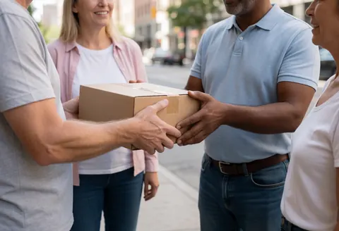 Hands receiving a package during an online store service in action with an urban background.