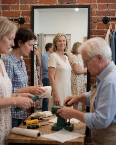 Tailor working in a clothing store while a customer tries on a dress in front of a mirror with exposed brick wall and tools visible.