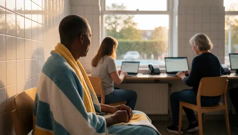 A person holding a towel while working on a computer in an office with white tiled walls and natural light.