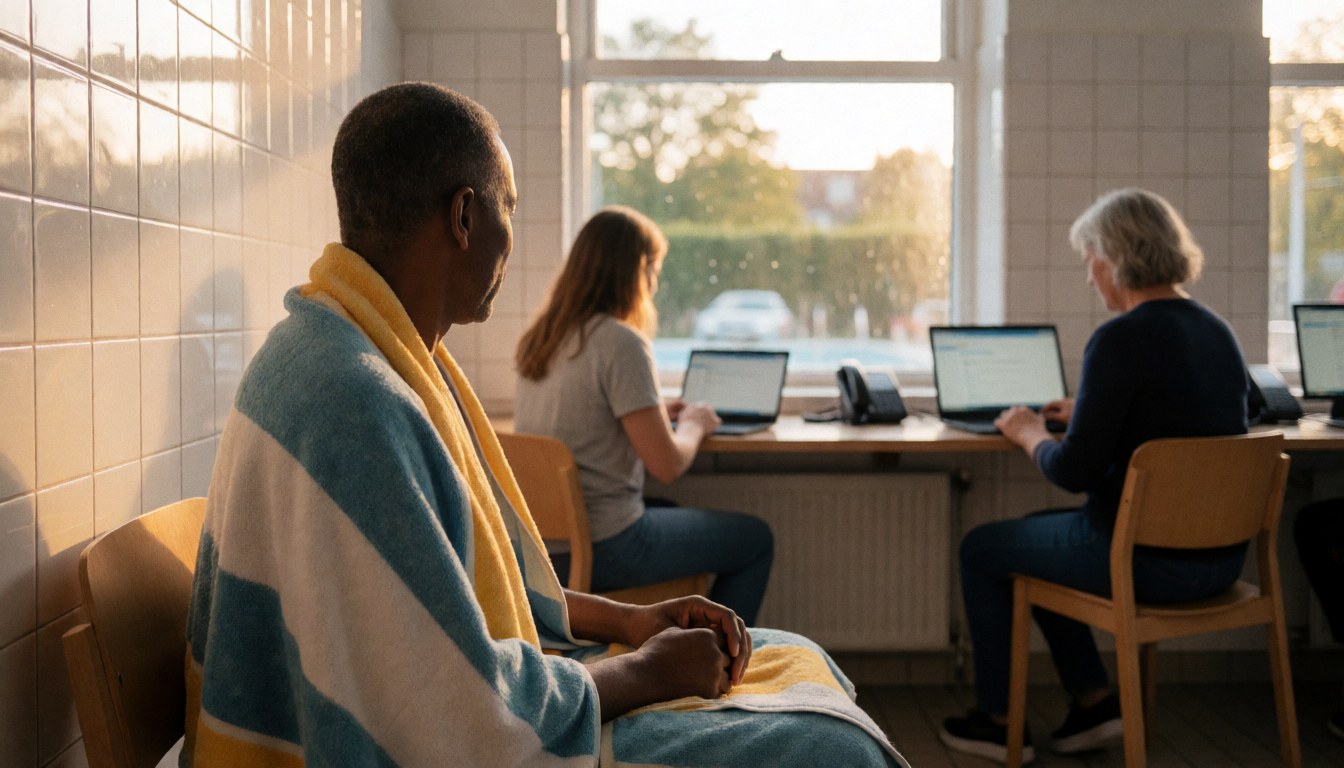 A person holding a towel while working on a computer in an office with white tiled walls and natural light.