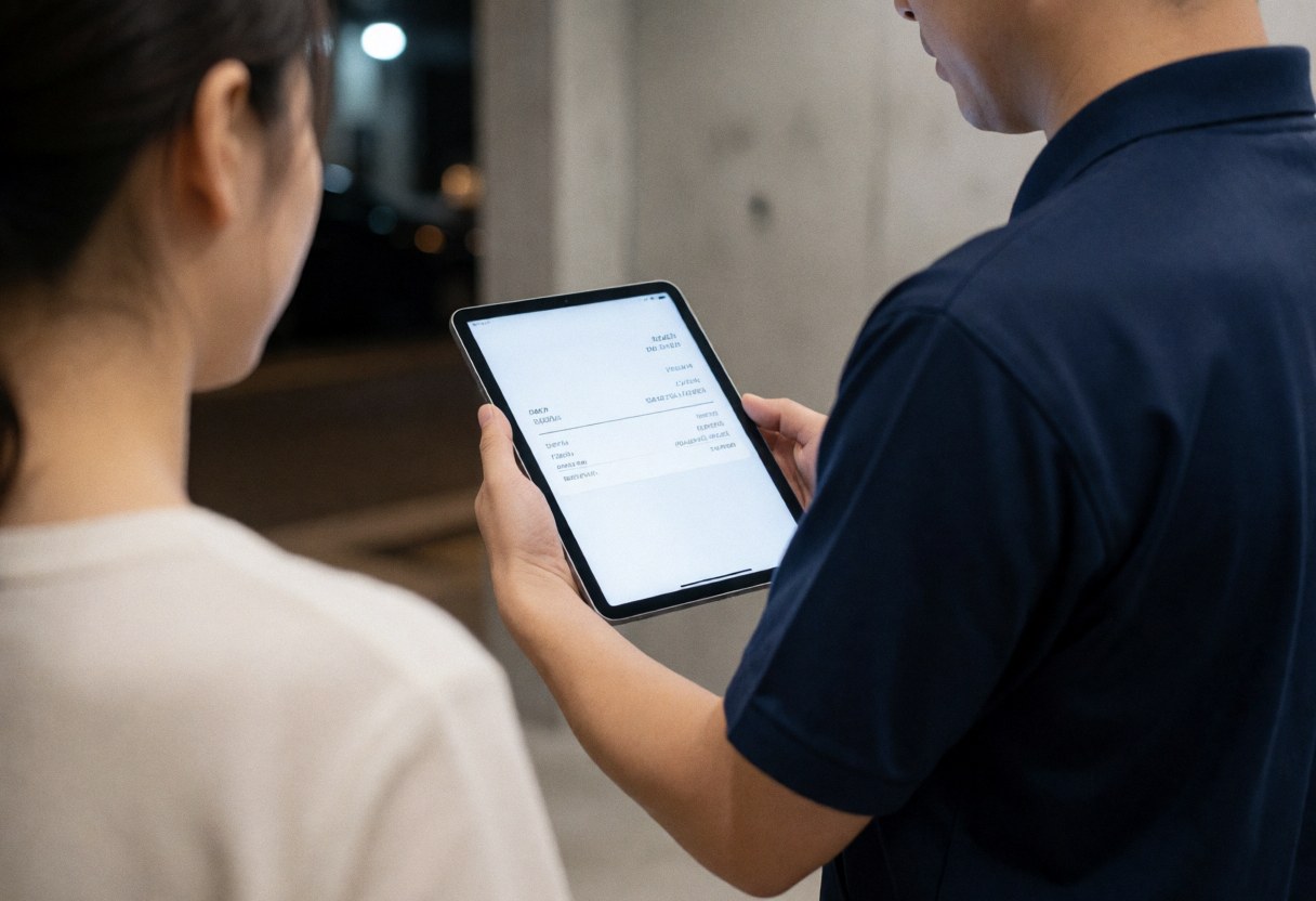 A worker in a dark blue uniform displays an invoice on a digital tablet to a customer standing with their back to the camera against a concrete wall.