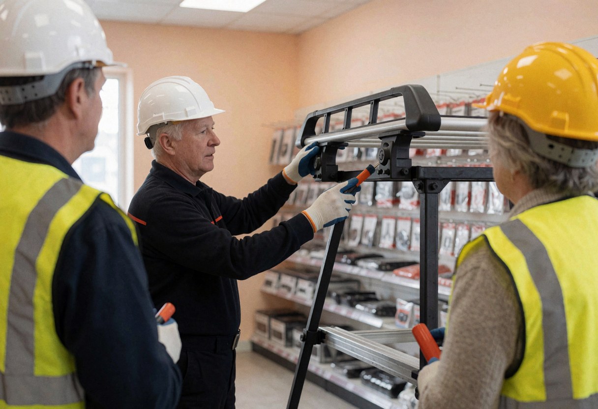 Employees wearing safety gear install a roof rack on a vehicle at an auto dealership to demonstrate the product.