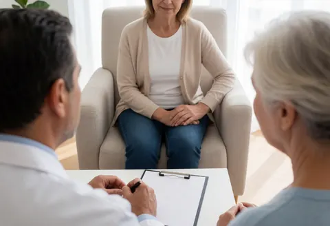 A psychologist writes in a notebook while conducting a therapy session with a patient seated nearby in a calm room with natural light.