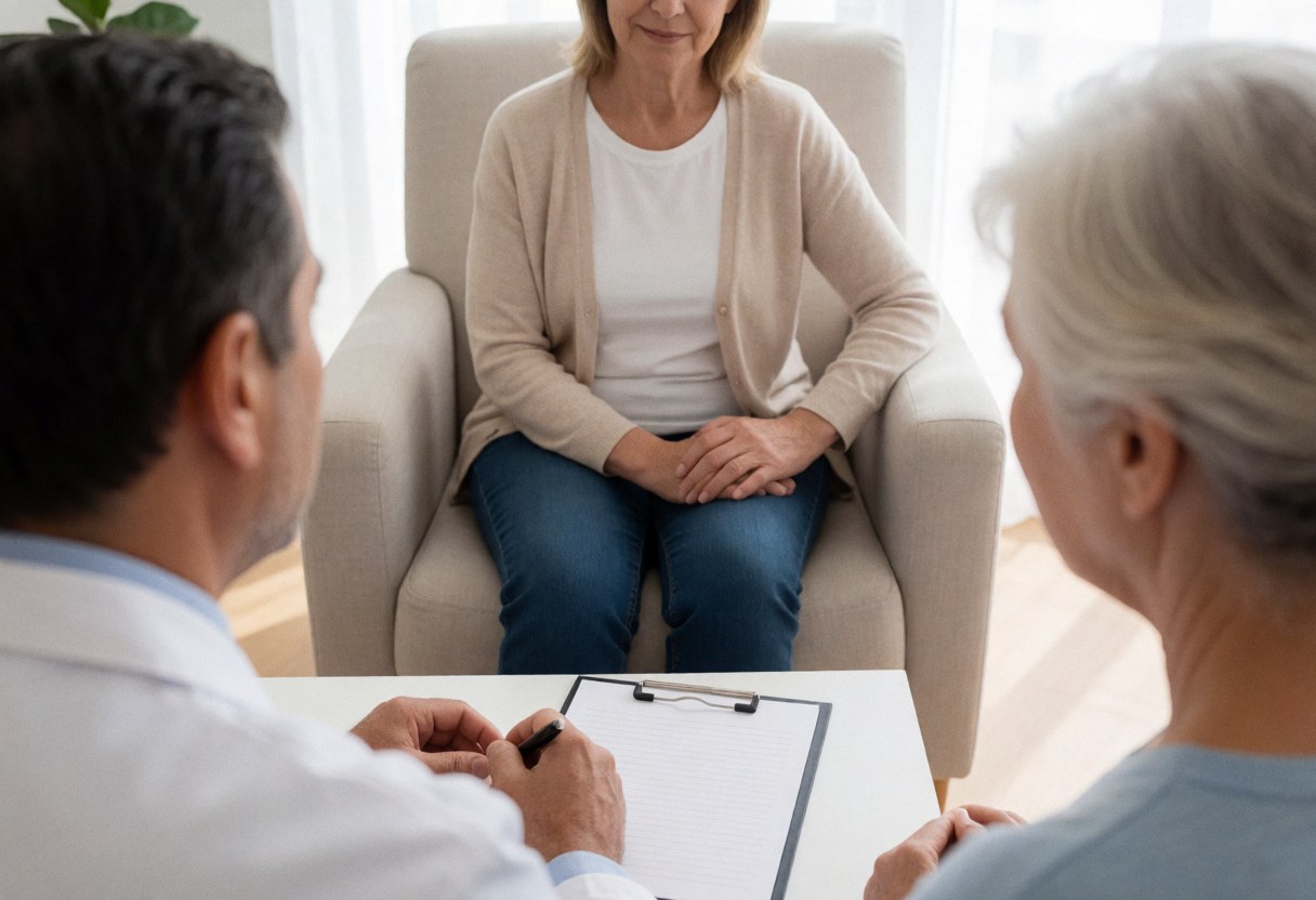 A psychologist writes in a notebook while conducting a therapy session with a patient seated nearby in a calm room with natural light.