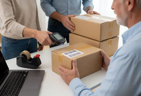 Employee scans a shipping box in an online store using a laptop and tape dispenser on a white table.
