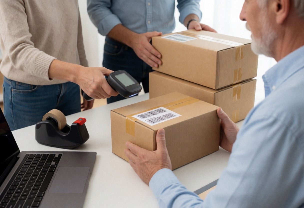 Employee scans a shipping box in an online store using a laptop and tape dispenser on a white table.