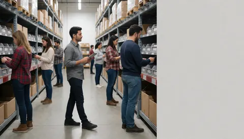Warehouse staff members working with tablets among shelves and boxes with copy space for text.