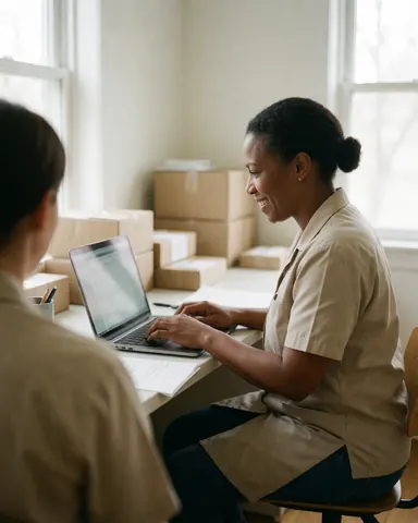 A woman works at a desk with shipping boxes while another person observes in a bright office setting.