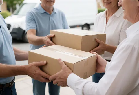 Adult hands passing cardboard boxes to a client during home delivery with a van in the background for online store service.